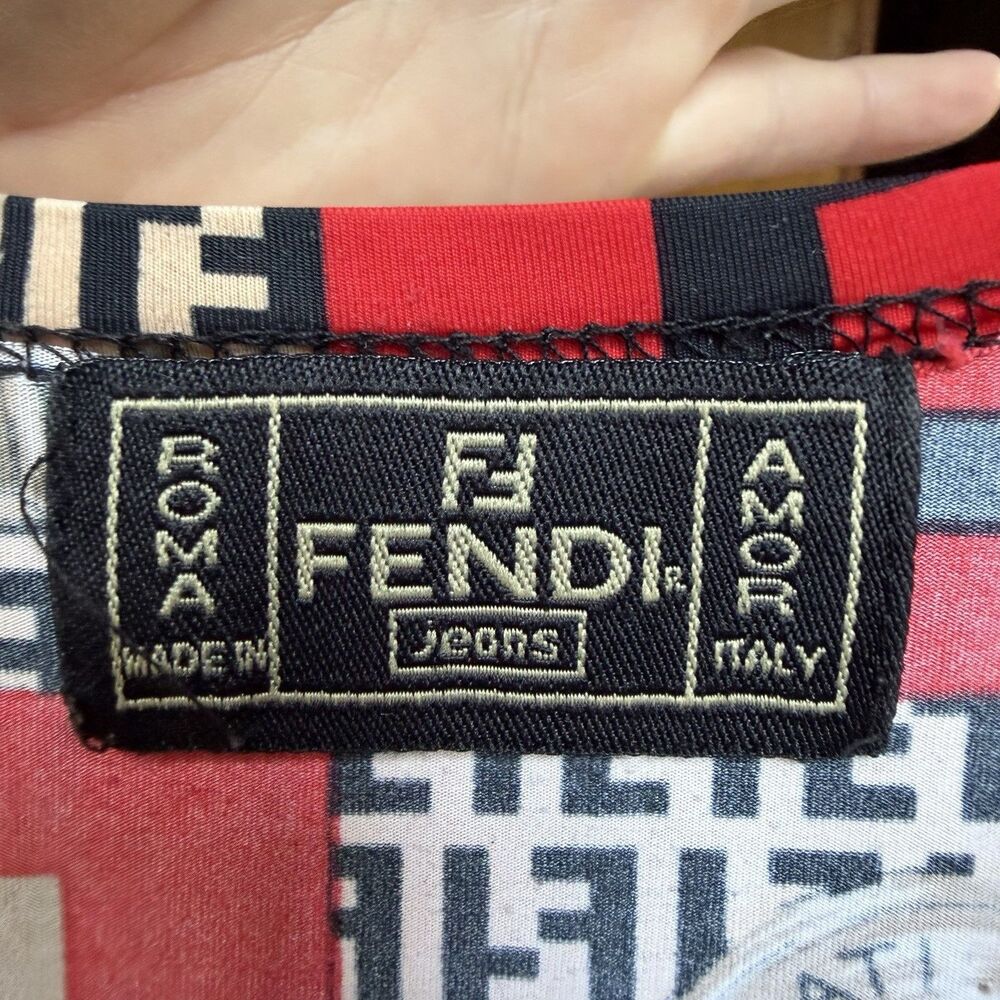 Vintage Fendi Jeans Logo Coin Print Shirt Size M Red Brown Top Women’s Blouse - Picture 9 of 13